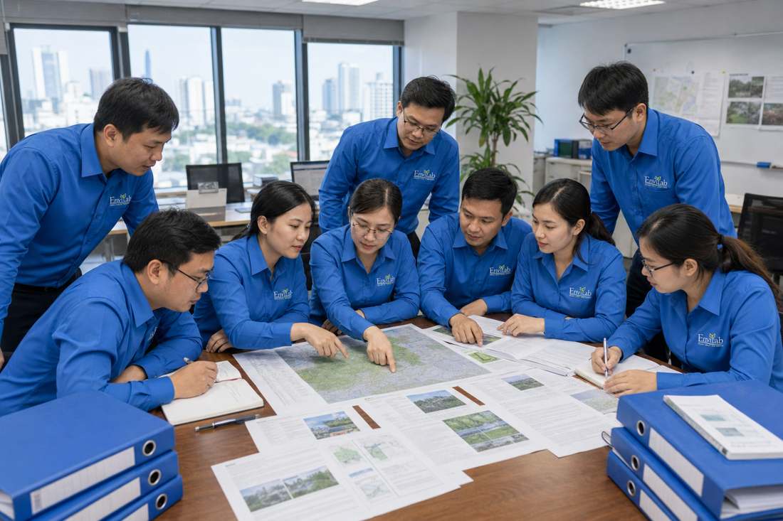 Đội ngũ Envilab đang bàn bạc hồ sơ và bản đồ hiện trạng