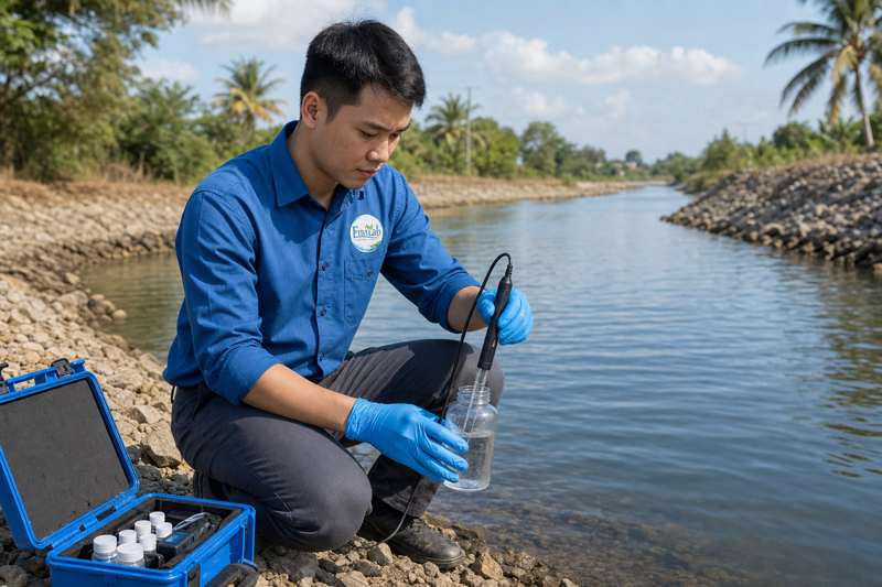 Quan trắc môi trường — kỹ thuật viên lấy mẫu nước và đo hiện trường