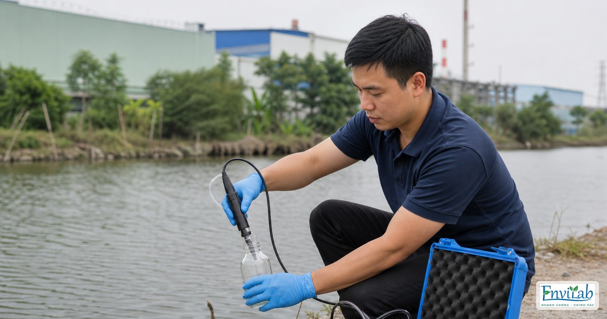 Kỹ thuật viên Envilab lấy mẫu nước và quan trắc hiện trường