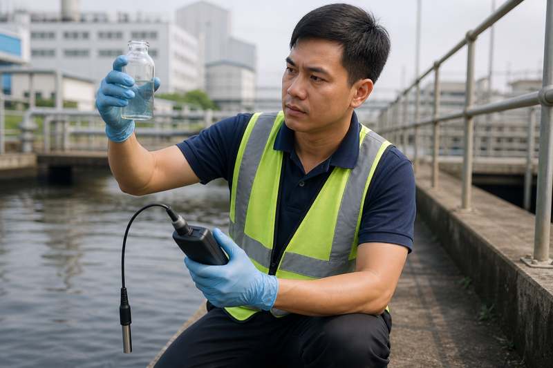 Quan trắc môi trường — kỹ thuật viên lấy mẫu nước hiện trường